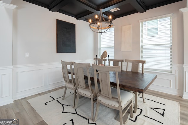 dining space featuring an inviting chandelier, coffered ceiling, beamed ceiling, and light wood-type flooring