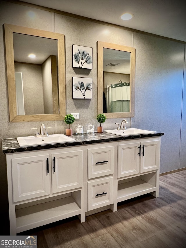 bathroom with hardwood / wood-style floors and vanity