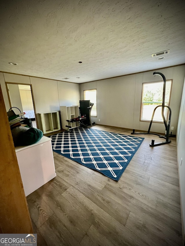 interior space featuring a textured ceiling and wood-type flooring