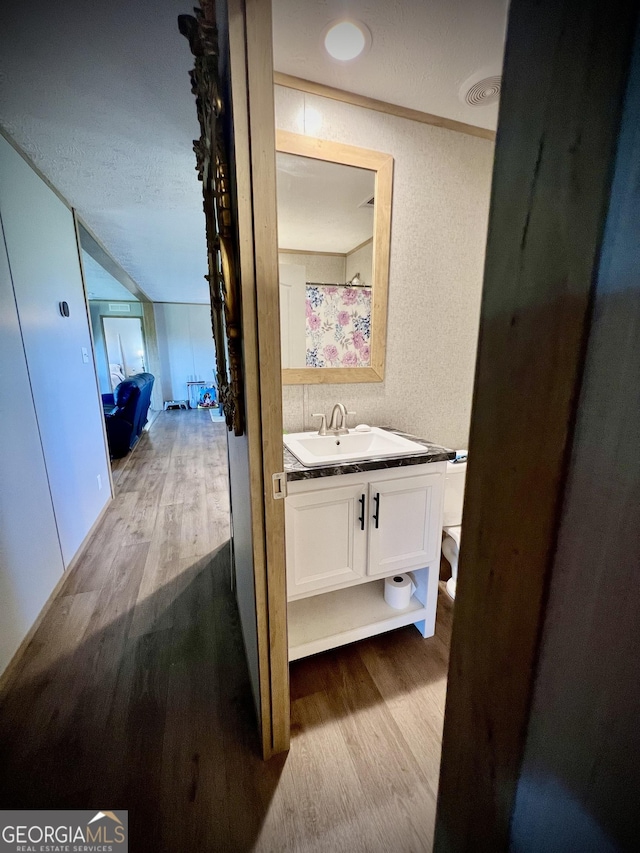 hallway with a textured ceiling, light hardwood / wood-style floors, and sink