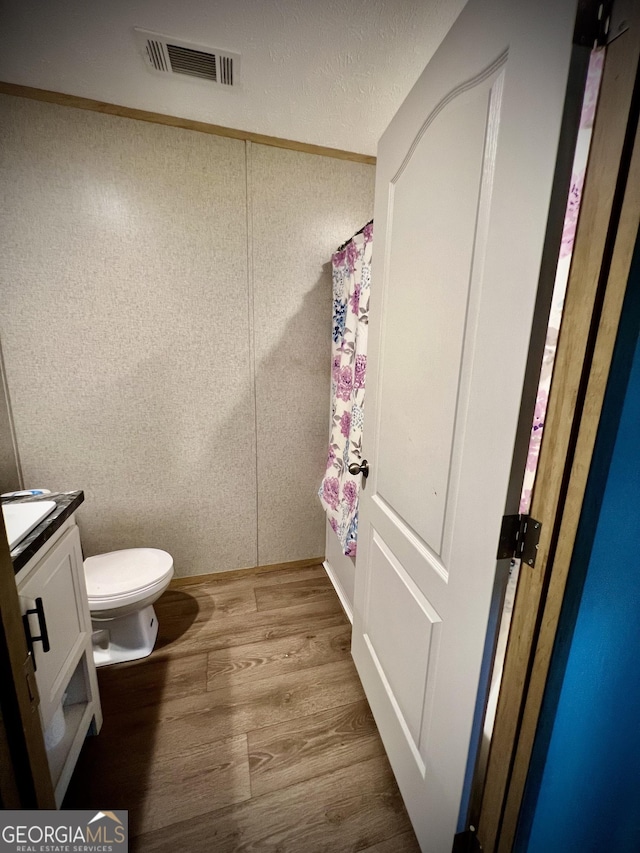 bathroom featuring toilet, vanity, a textured ceiling, and hardwood / wood-style floors