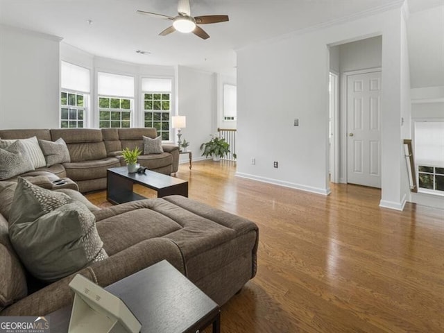 living room featuring wood-type flooring, ceiling fan, and crown molding