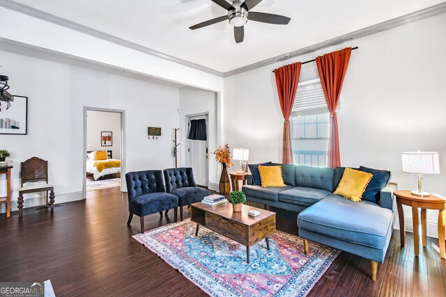 living room featuring ceiling fan, crown molding, and dark hardwood / wood-style floors