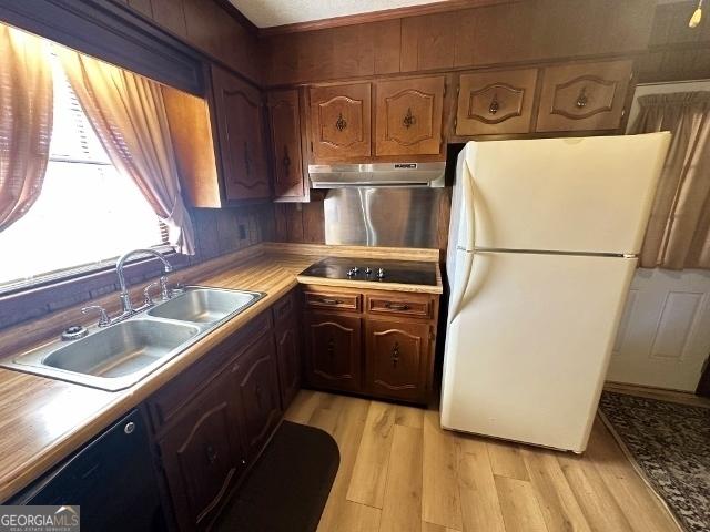 kitchen with black appliances, light wood-type flooring, and sink