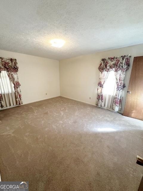 empty room with carpet floors and a textured ceiling