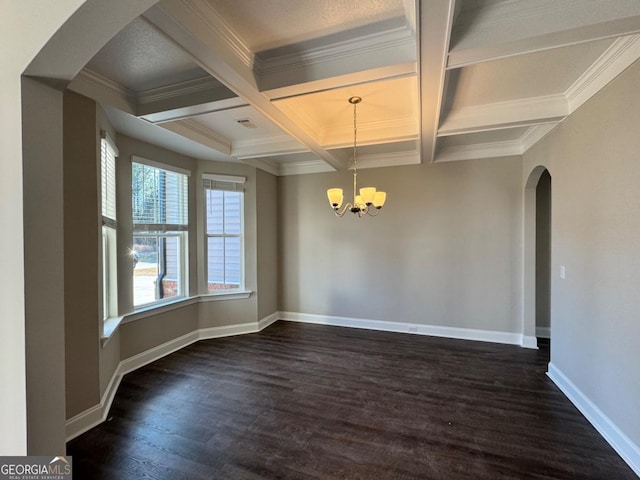 unfurnished dining area with a notable chandelier, coffered ceiling, crown molding, and beam ceiling