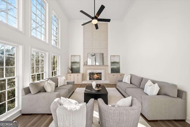 living room featuring a high ceiling, ceiling fan, a fireplace, and hardwood / wood-style flooring