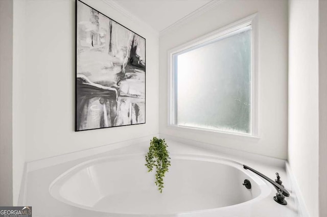 bathroom featuring a tub to relax in, ornamental molding, and plenty of natural light