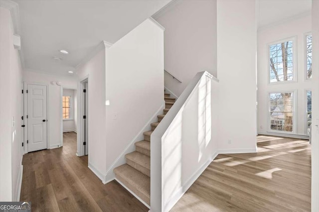 stairs with wood-type flooring, ornamental molding, and a wealth of natural light