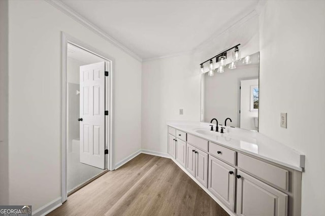 bathroom with crown molding, wood-type flooring, and vanity