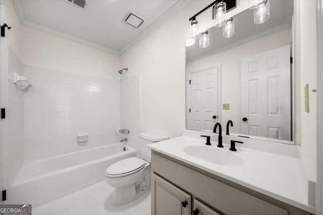 full bathroom with toilet, tub / shower combination, crown molding, and vanity