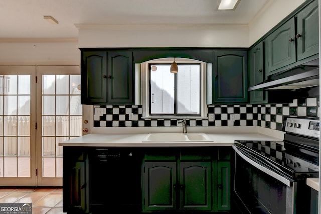 kitchen with light tile patterned floors, stainless steel electric range oven, sink, black dishwasher, and backsplash