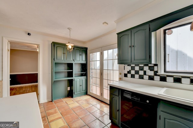 kitchen with dishwasher, light tile patterned floors, green cabinetry, decorative backsplash, and decorative light fixtures