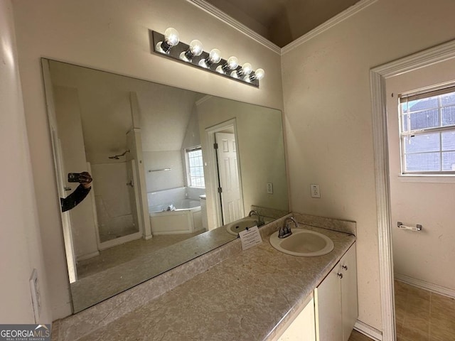 bathroom featuring ornamental molding, plus walk in shower, a healthy amount of sunlight, and vanity