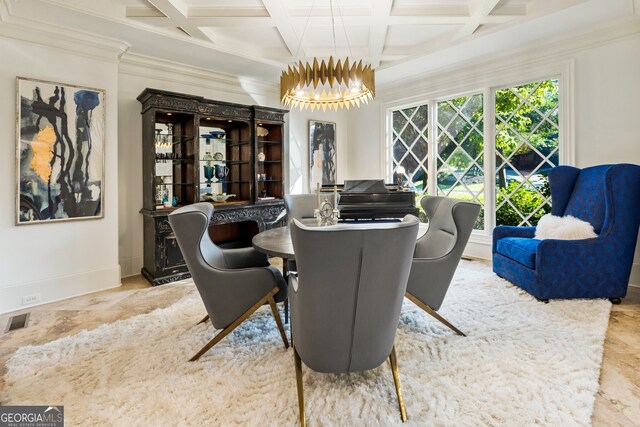 dining room featuring beamed ceiling, crown molding, and coffered ceiling