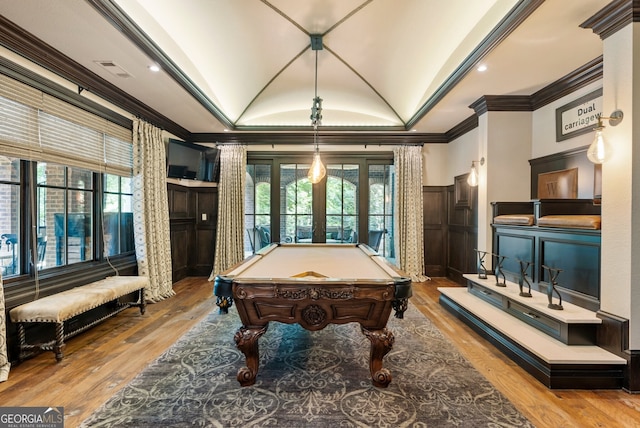 4874 Kettle River Pt, Suwanee, GA 30024 - game room with vaulted ceiling, crown molding, pool table, and wood finished floors