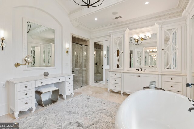 bathroom featuring independent shower and bath, an inviting chandelier, crown molding, and vanity