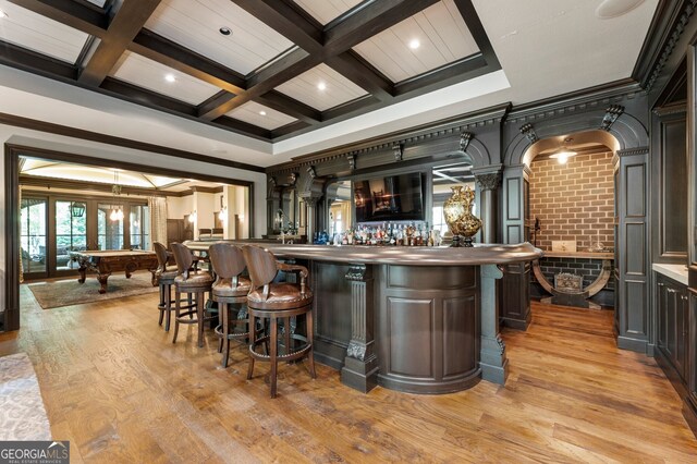 bar featuring pool table, coffered ceiling, crown molding, and beamed ceiling