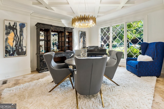 4874 Kettle River Pt, Suwanee, GA 30024 - dining area with beam ceiling, baseboards, visible vents, an inviting chandelier, and coffered ceiling