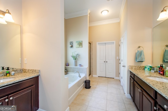 bathroom with vanity, shower with separate bathtub, tile patterned flooring, and ornamental molding