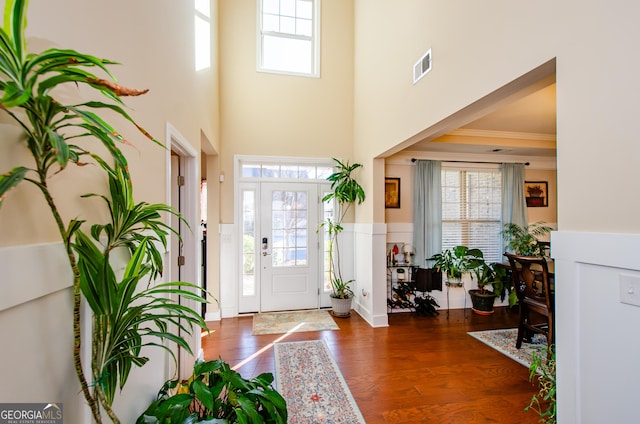 foyer entrance featuring a high ceiling, dark hardwood / wood-style flooring, ornamental molding, and a healthy amount of sunlight