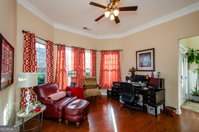 home office with ceiling fan, dark hardwood / wood-style flooring, and ornamental molding