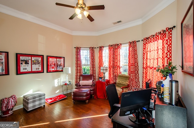 office featuring ornamental molding, ceiling fan, and wood-type flooring