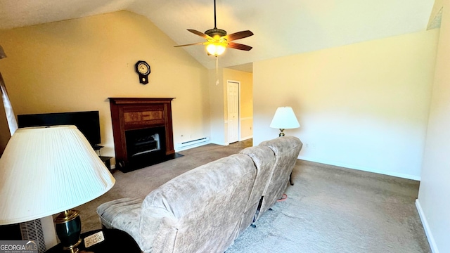 living room featuring ceiling fan, vaulted ceiling, light carpet, and a baseboard heating unit