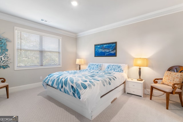 carpeted bedroom with ornamental molding