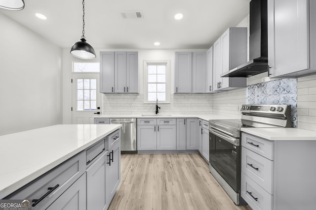 kitchen with wall chimney exhaust hood, backsplash, gray cabinetry, appliances with stainless steel finishes, and sink