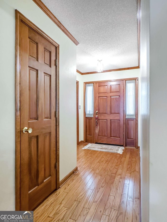 foyer entrance featuring a textured ceiling, light hardwood / wood-style floors, and plenty of natural light