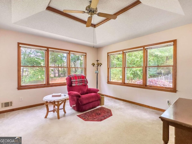 living area with a textured ceiling, light carpet, ceiling fan, and a tray ceiling