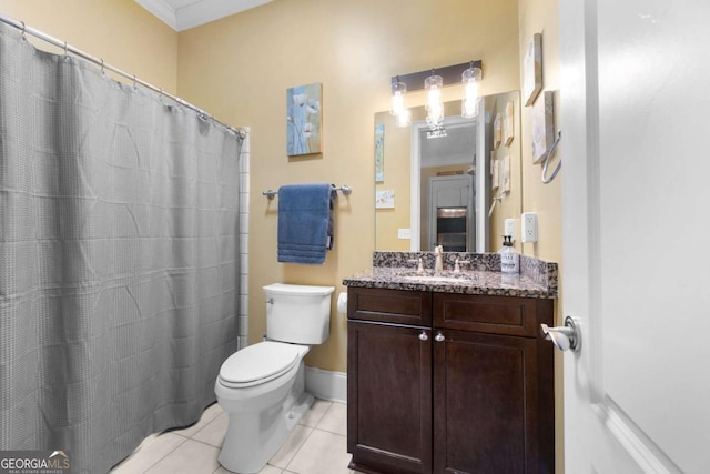 bathroom featuring toilet, a shower with shower curtain, vanity, tile patterned floors, and ornamental molding