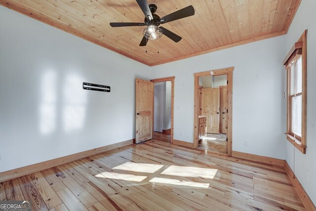 unfurnished bedroom featuring ornamental molding, ceiling fan, wood ceiling, and light hardwood / wood-style flooring