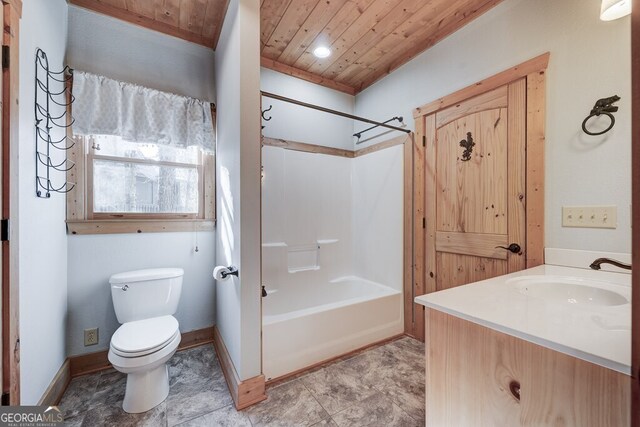 full bathroom featuring toilet, shower / washtub combination, vanity, and wood ceiling