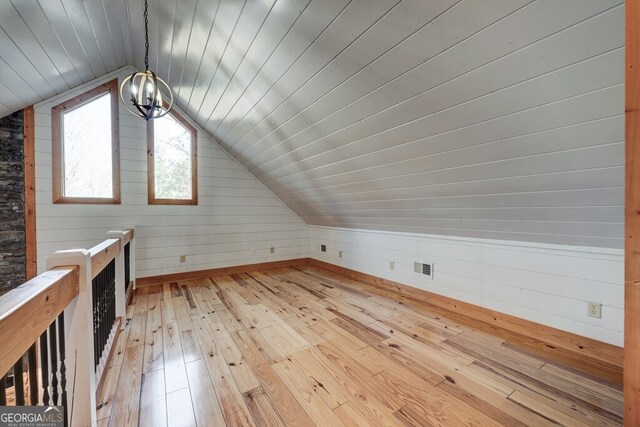 additional living space featuring lofted ceiling, wood-type flooring, wood walls, and a chandelier