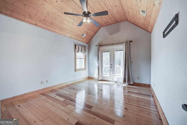 unfurnished room featuring vaulted ceiling, light hardwood / wood-style flooring, french doors, wood ceiling, and ceiling fan