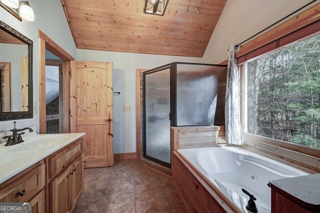 bathroom with lofted ceiling, separate shower and tub, wood ceiling, and vanity