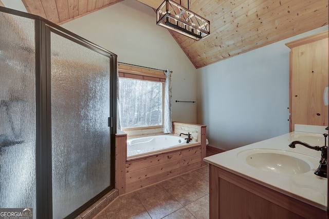 bathroom featuring wooden ceiling, vaulted ceiling, plus walk in shower, and vanity