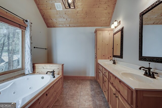 bathroom featuring wood ceiling, a tub to relax in, lofted ceiling, and vanity