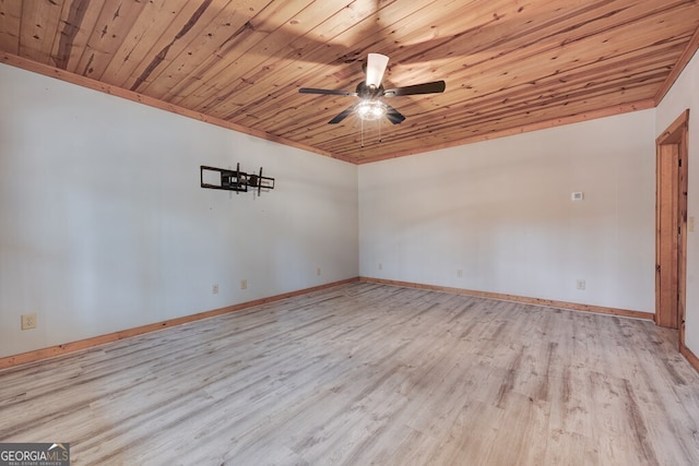 unfurnished room with crown molding, ceiling fan, light hardwood / wood-style floors, and wood ceiling