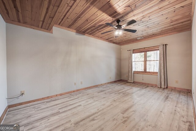 unfurnished room featuring light wood-type flooring, ceiling fan, and wood ceiling