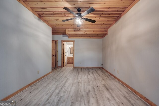 spare room featuring wooden ceiling, light wood-type flooring, and ceiling fan