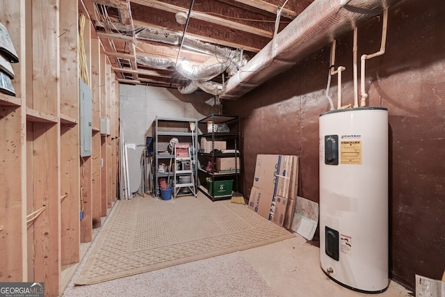 interior space with electric water heater and electric panel