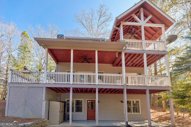 back of house with a patio, ceiling fan, and a wooden deck