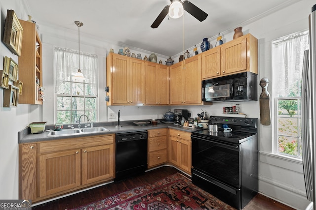 kitchen with sink, black appliances, crown molding, and dark wood-type flooring