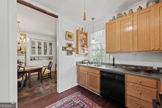 kitchen with a chandelier, ornamental molding, dark hardwood / wood-style flooring, pendant lighting, and black dishwasher