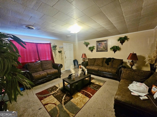 living room featuring crown molding and carpet flooring