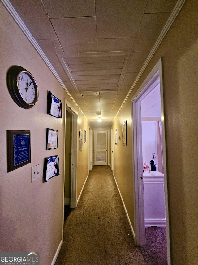 corridor with carpet and crown molding