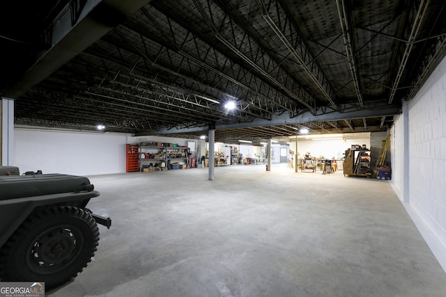 garage with a workshop area